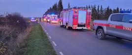 Widać trzy samochody strażackie, karetkę pogotowia i samochód policji - znajdują się na drodze