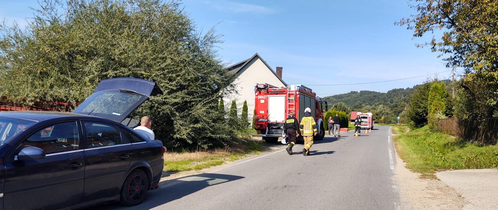 Samochód osobowy na poboczu a w tle samochody pożarnicze oraz strażacy.