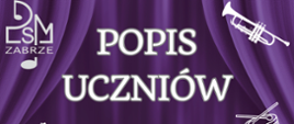 na fioletowym tle imitującym kotarę białe napisy, po bokach logo szkoły oraz grafiki trąbki i werbla