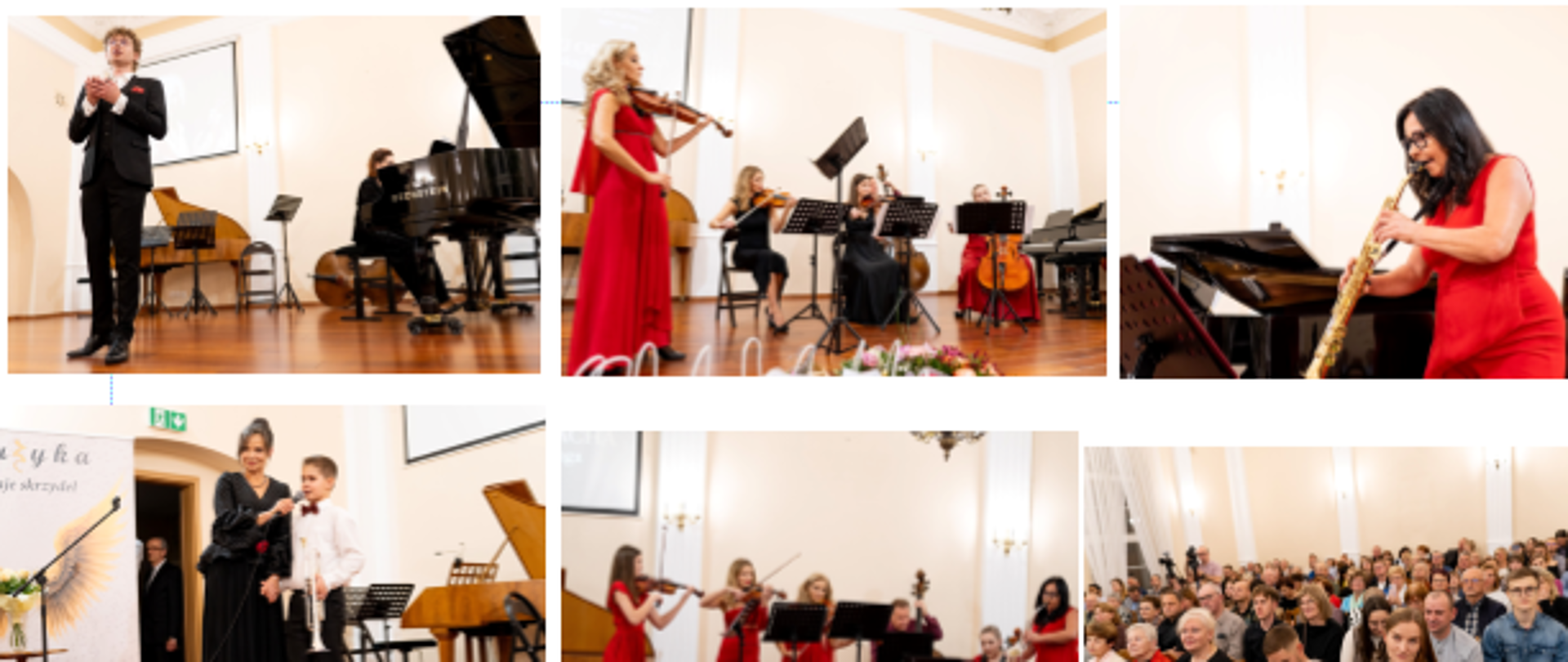 Pani Dyrektor Sonia Wachowska wraz z nauczycielami i zaproszonymi gośćmi na scenie w sali koncertowej Państwowej Szkoły Muzycznej I st. w Lublińcu podczas XII Lublinieckiej Nocy Kultury