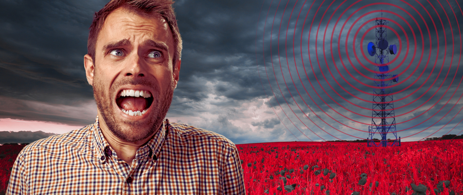 Na pierwszym planie krzyczący z przerażenia mężczyzna. W tle maszt radiowy emitujące koncentrycznie rozchodzące się fale.