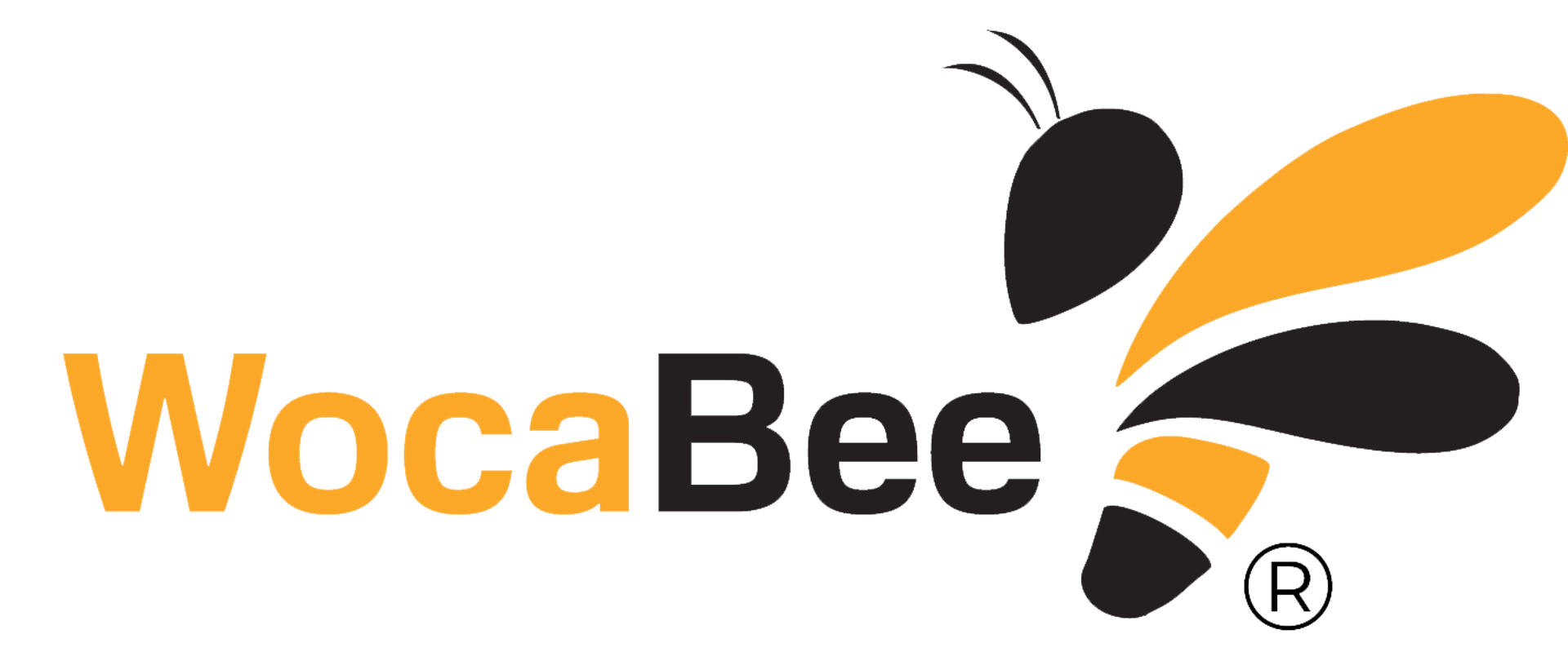 Grafika Pomarańczowy napis Woca i czarny Bee. Po prawej czarno-pomarańczowa pszczoła.