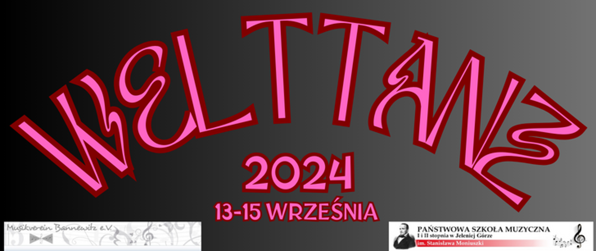 Napis informacyjny o projekcie Welttanz 13-15 września 2024. Na czarnym tle różowo napisy