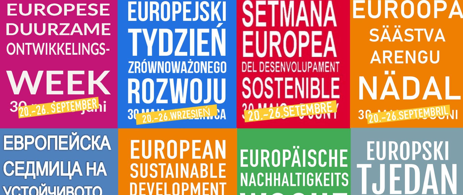 Logo Europejskiego Tygodnia Zrównoważonego Rozwoju we wszystkich językach unijnych na kolorowych tłach wraz z datą 20-26 września
