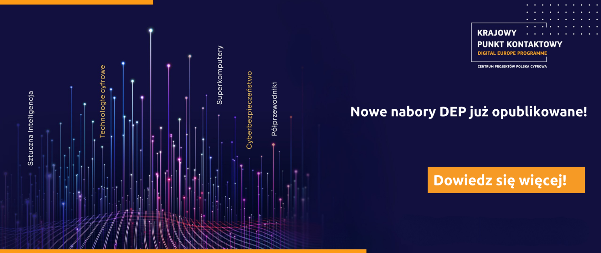 W prawym górnym rogu umieszczono logo Krajowego Punktu Kontaktowego dla Programu Cyfrowa Europa. Na głównym planie po prawej stronie widnieje napis „Nowe nabory DEP już opublikowane. Dowiedz się więcej”. W lewej części znajduje się abstrakcyjna grafika przedstawiająca różnokolorowe promienie przebijające pofalowaną płaszczyznę. Nad promieniami umieszczono pionowo napisy: Sztuczna Inteligencja, Technologie cyfrowe, Superkomputery, Cyberbezpieczeństwo oraz Półprzewodniki.