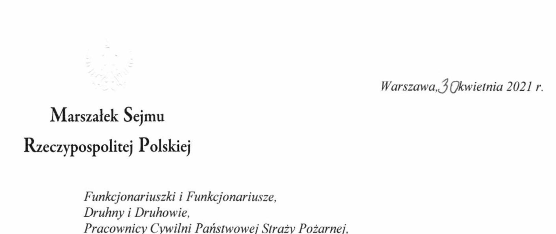 ŻYCZENIA MARSZAŁKA SEJMU RZECZYPOSPOLITEJ POLSKIEJ Z OKAZJI DNIA STRAŻAKA