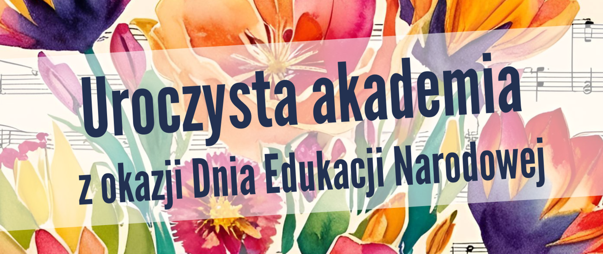 Kolorowy bukiet kwiatów (kolory: różowy, pomarańczowy, żółty, fioletowy, zielony - różne połączenia i odcienie) na tle strony z nutami. A na nim granatowe napisy Uroczysta akademia z okazji Dnia Edukacji Narodowej, 13 październik godz. 14, sala koncertowa (I piętro).