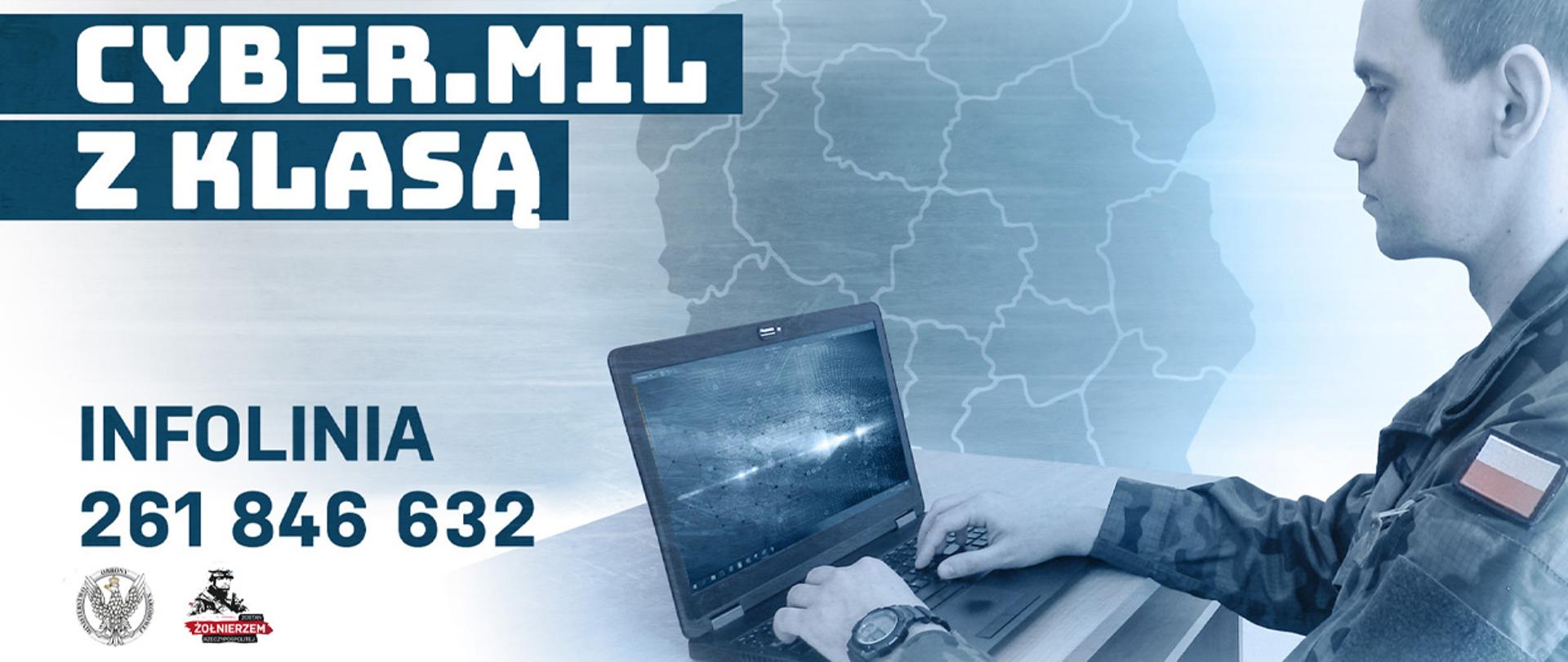 Cyber Mil z klasą - banner z numerem telefonu i żołnierzem przy komputerze.