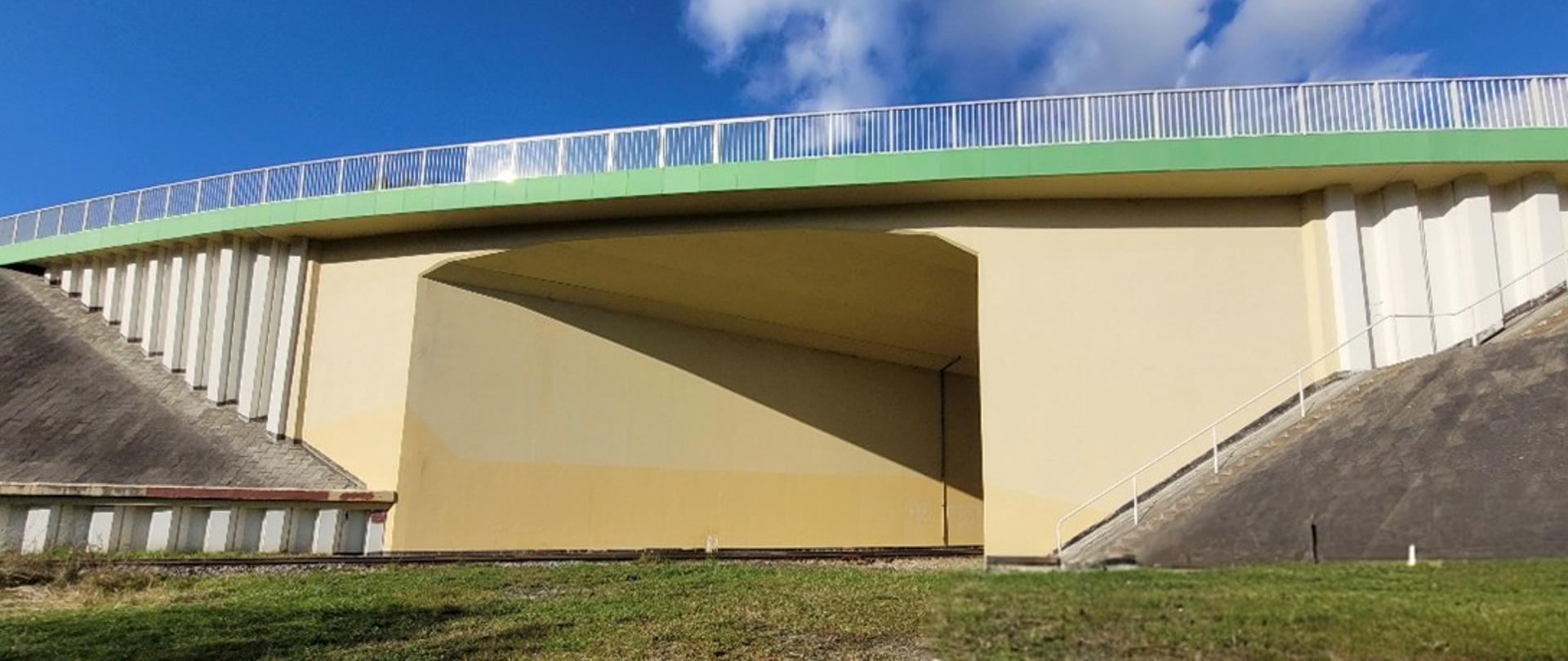 Na zdjęciu widać przejście pod estakadą drogową. Konstrukcja ma jasne, beżowe ściany i zieloną krawędź górną, po której biegnie bariera ochronna. Po obu stronach estakady znajdują się umocnione skarpy, a na pierwszym planie widoczna jest trawiasta powierzchnia. Nad całością widać niebo z kilkoma białymi chmurami.