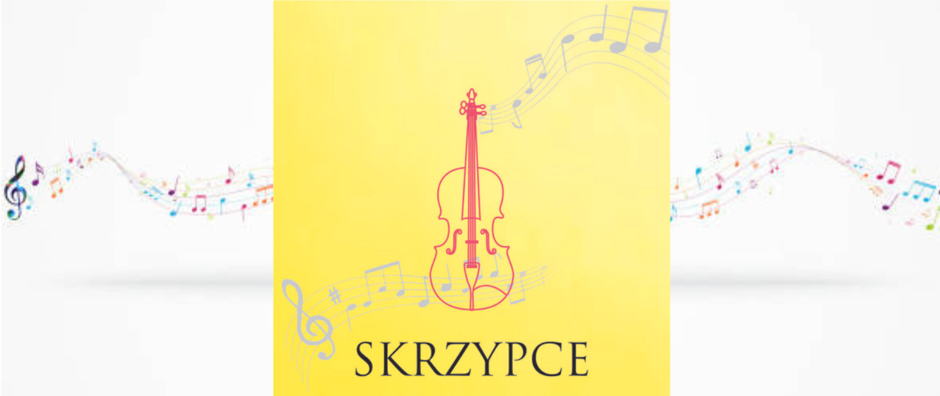 grafika przedstawiająca skrzypce na tle nut , pod grafiką instrumentu napis skrzypce