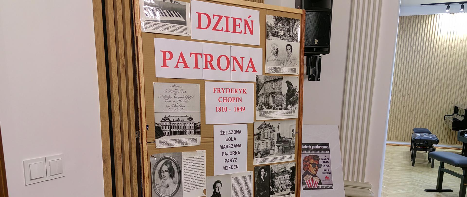 Galeria 11 zdjęć z dnia patrona szkoły, uczniowie siedzą na miejscu publiczności oglądając film o patronie szkoły Fryderyku Chopinie
