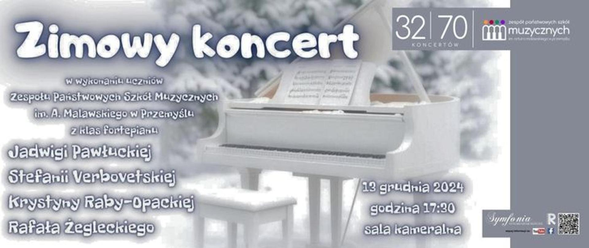 Grafika informacyjna o 32 z 70 koncercie jubileuszowym. Koncert zimowy. Data koncertu 13 grudnia 2024, godzina 17:30, sala kamerlana ZPSM w Przemyślu