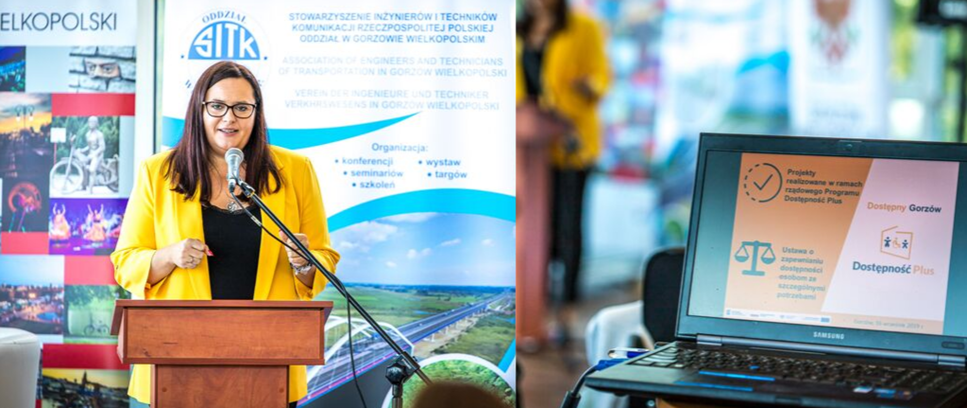 Po prawej zdjęcie minister Jarosińskiej-Jedynak, która stoi przy mównicy, po drugiej zdjęcie laptop na którym wyśiwtlony jest napis "Dostępny Gorzów", "Dostępność Plus"