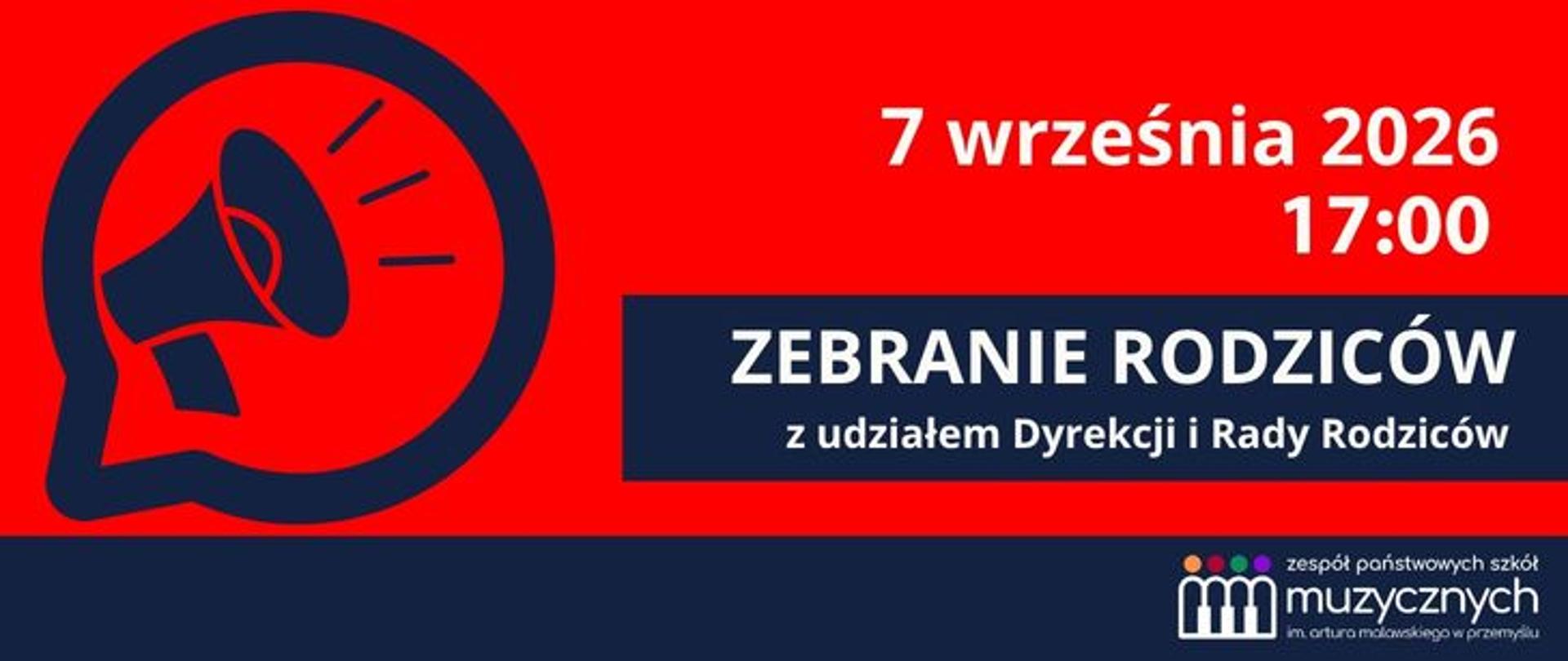 Grafika informująca o zebraniu rodziców ZPSM z udziałem Dyrekcji i Rady rodziców 