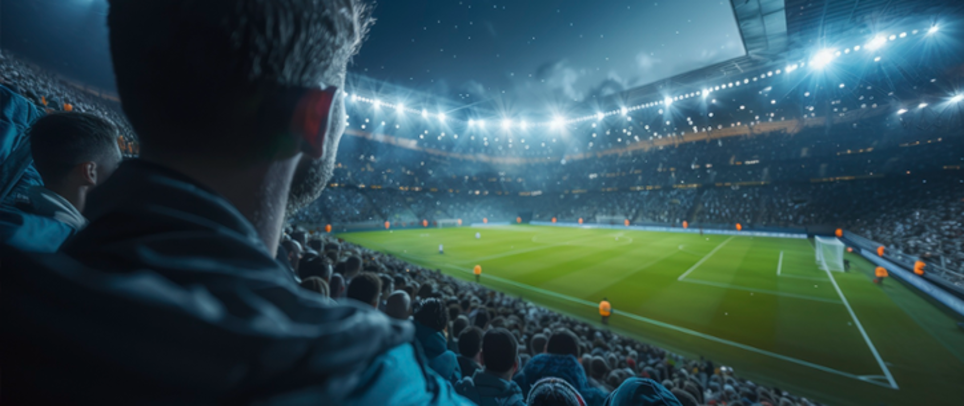 widok stadionu piłkarskiego wypełnionego kibicami