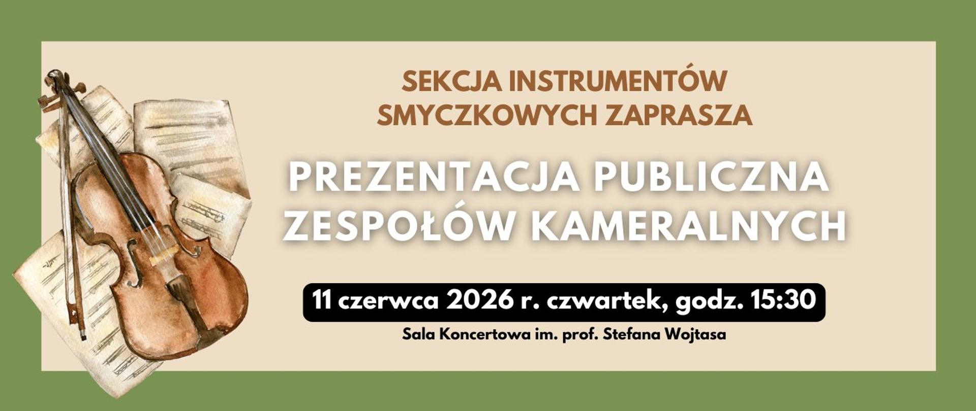 Prezentacja Zespołów Kameralnych 11.06.2026 godz.15.30 grafika skrzypce beżowe tło