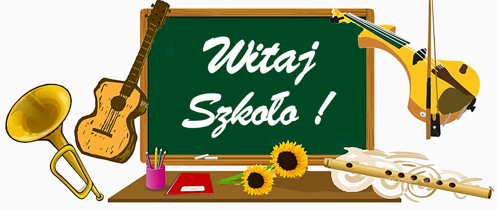 Grafika plakatu z instrumentami i informacją Witaj Szkoło