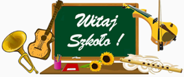 Grafika plakatu z instrumentami i informacją Witaj Szkoło
