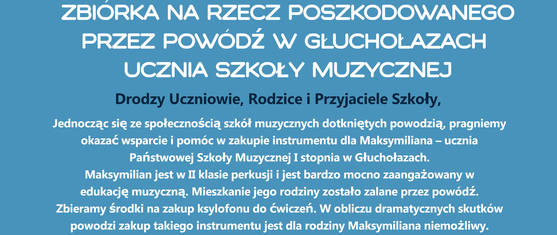 Grafika przedstawia informacje na temat pomocy dla ucznia poszkodowanego podczas powodzi. Tekst oraz grafika jest na niebieskim tle