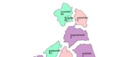 Mapa województwa z podziałem na powiaty. Do każdego powiatu podana liczba bezdomnych tj. augustowski 8; białostocki 379; bielski 1; grajewski 25; hajnowski 0; kolneński 60; łomżyński 55; m. Białystok 3; m. Łomża 3; m. Suwałki 2; moniecki 30; sejneński 1; siemiatycki 0; sokólski 63; suwalski 38; wysokomazowiecki 37; zambrowski 19.