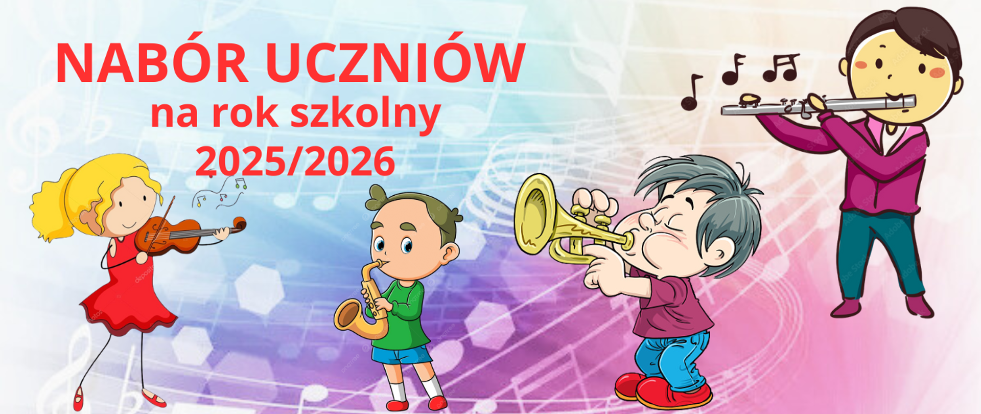 Tło obrazka w odcieniach niebiesko- różowych z białą zakręconą pięciolinią z nutami. W lewym górnym rogu czerwony napis "nabór uczniów na rok szkolny 2025/2026". Poniżej grafika dzieci. Po lewej stronie dziewczyna z żółtymi włosami i czerwonej sukience gra na skrzypcach, dalej chłopiec w zielonej bluzce i niebieskich spodenkach gra na saksofonie, kolejny w fioletowej bluzce i niebieskich spodenkach gra na trąbce. Na końcu chłopak w fioletowej bluzie i niebieskich spodniach gra na flecie.