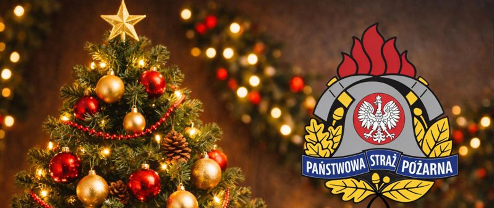 udekorowana choinka oraz logo PSP