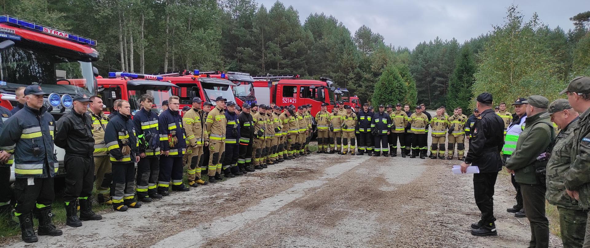 Strażacy w ubraniach specjalnych żółtych i czarnych stoją przed samochodami ratowniczo- gaśniczymi w rzędzie w kształcie litery L. Przed nimi stoją dowódcy ćwiczeń.