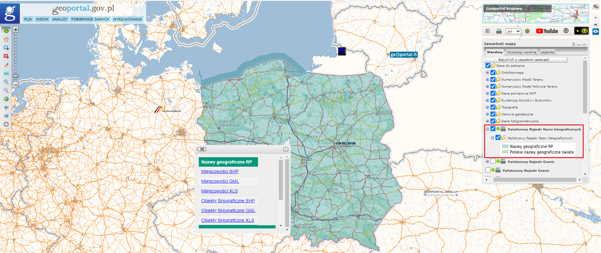 Ilustracja przedstawiająca zrzut ekranu z serwisu www.geoportal.gov.pl do pobierania danych PRNG.
