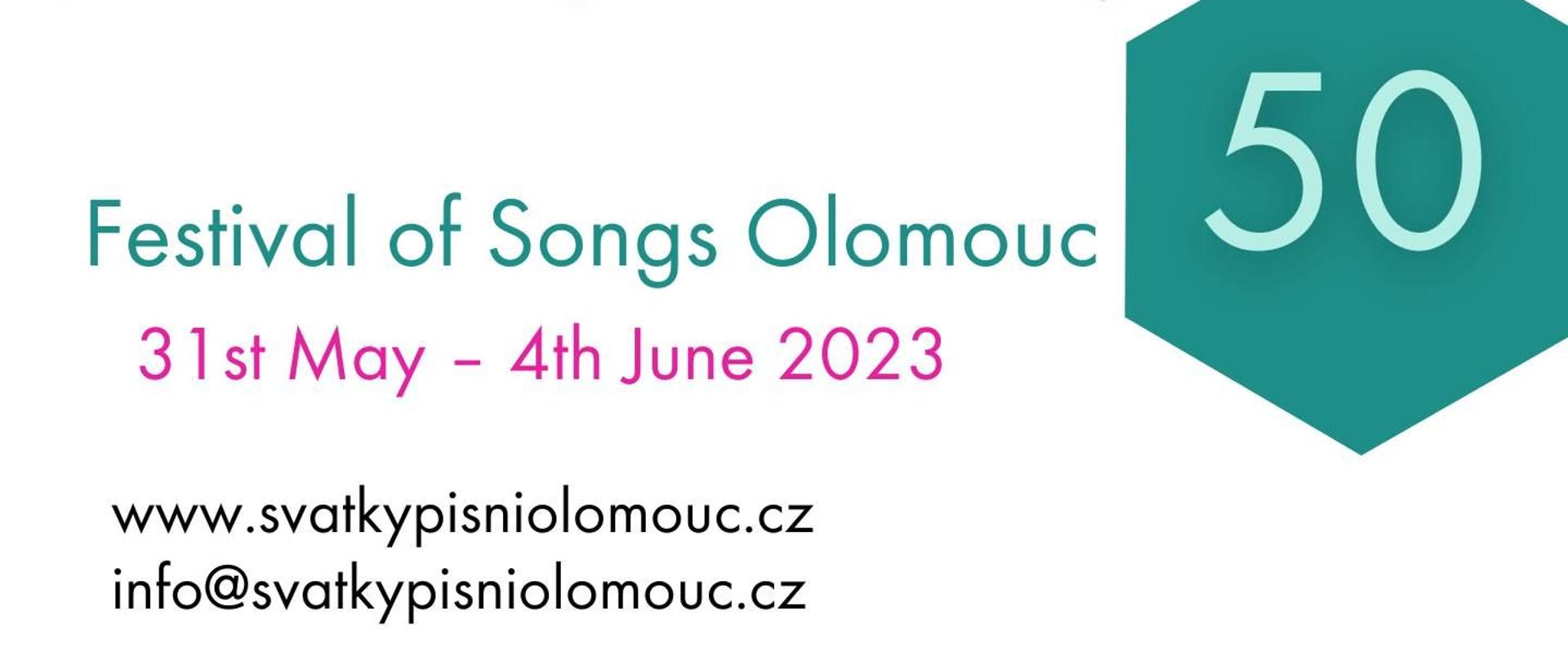 Grafika - afisz. Tło białe z graficznymi różnokolorowymi elementami w kształcie sześcioboków. W nich napisy w języku angielskim: Registration is now open - New non-competitive category for senior choirs - Workshops, masterclasses and other additional events - New competition for vocal ensembles. Poniżej kolejne napisy: 50 Festival of Songs Olomouc 31st May - 4th June 2023 www.svatkypisniolomouc.cz info@svatkypisniolomouc.cz. Na dole loga instytucji organizujących festiwal.