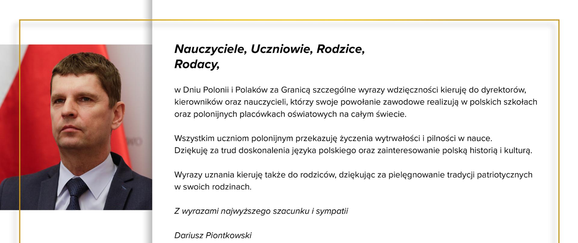 Grafika przedstawiające po lewej stronie zdjęcie ministra edukacji a po prawej stronie tekst życzeń.