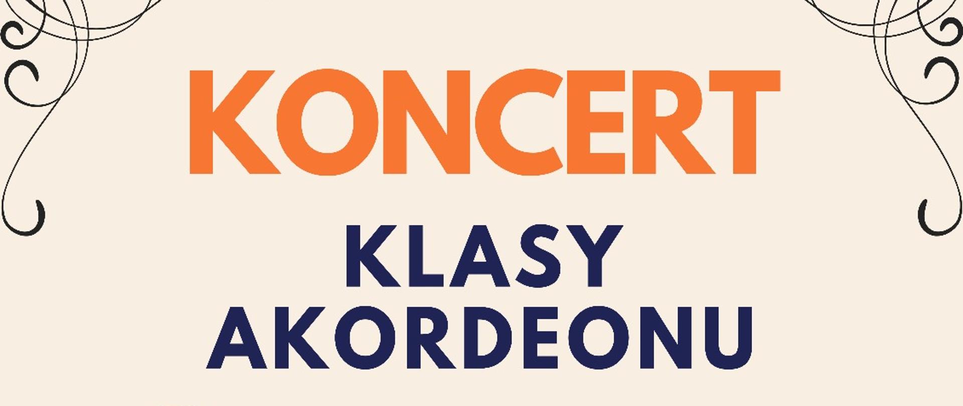 Plakat na kolorowym tle z grafiką akordeonu oraz informacją tekstową dotyczącą koncertu klasy akordeonu uczniów p. Liliany Stopki i p. T. Brusińskiego, który odbędzie się 30 maja 2025 w auli PSM w Kłodzku