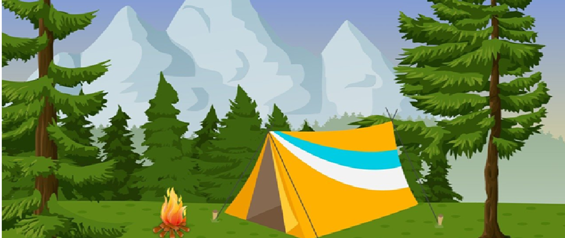 Na zdjęciu są przedstawione w oddali góry na tle niebieskiego nieba, na pierwszym planie las, namiot i obok ognisko.