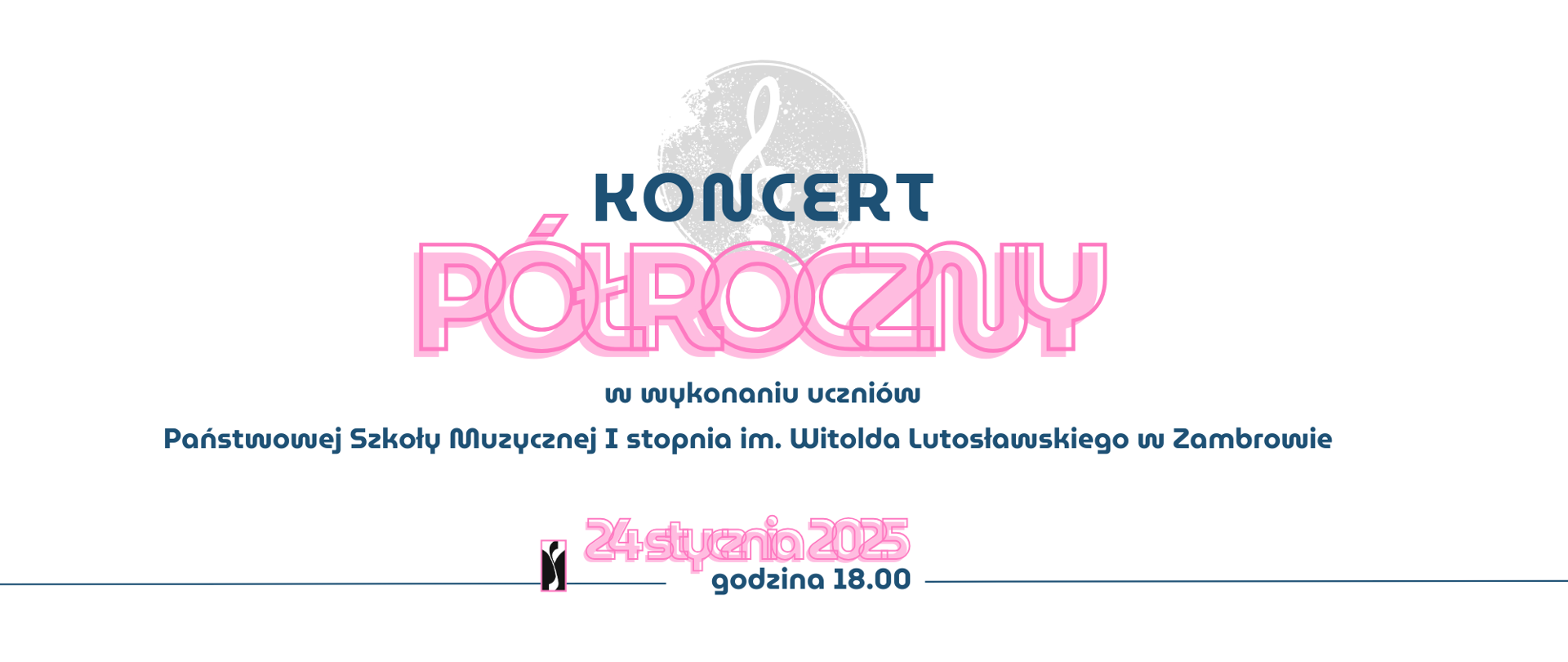 Na białym tle poziomego plakatu w centralnej jego części umieszczony jest w tle okrąg, wypełniony ciemnym kolorem w którego środku jest jasny klucz wiolinowy. Na tym tle od góry umieszczone są napisy na przemian czcionką niebieską i różową o różnych wielkościach czcionki informujące kolejno o nazwie koncertu, wykonawcach. w linii stopki umieszczony jest termin i godzina koncertu oraz logo organizatora - szkoły muzycznej w Zambrowie