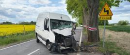 Biały samochód dostawczy stoi uszkodzony na poboczu wąskiej drogi przebiegającej przez tereny rolnicze. Pojazd uderzył przodem w przydrożne drzewo, a jego maska i komora silnika są całkowicie zniszczone. Na jezdni oraz poboczu widoczne są liczne fragmenty karoserii i elementów pojazdu. Obok miejsca zdarzenia znajduje się znak ostrzegający o niebezpiecznych zakrętach. W tle rozciągają się pola rzepaku, szpaler drzew oraz zachmurzone niebo.