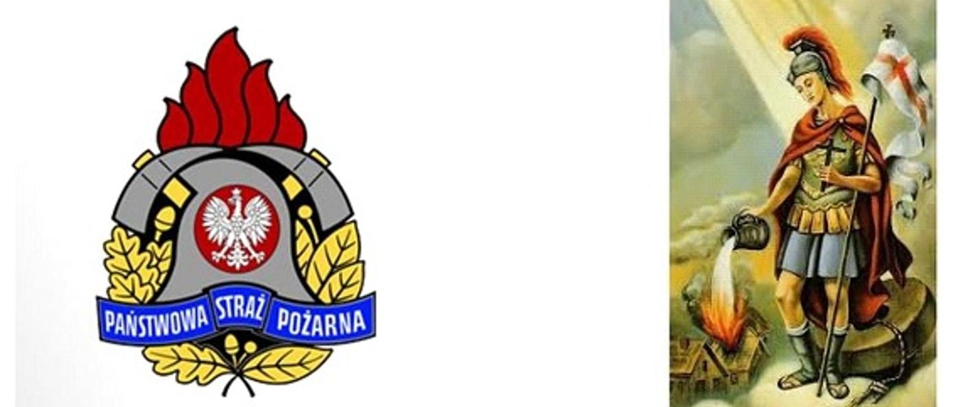logo PSP oraz św. Florian