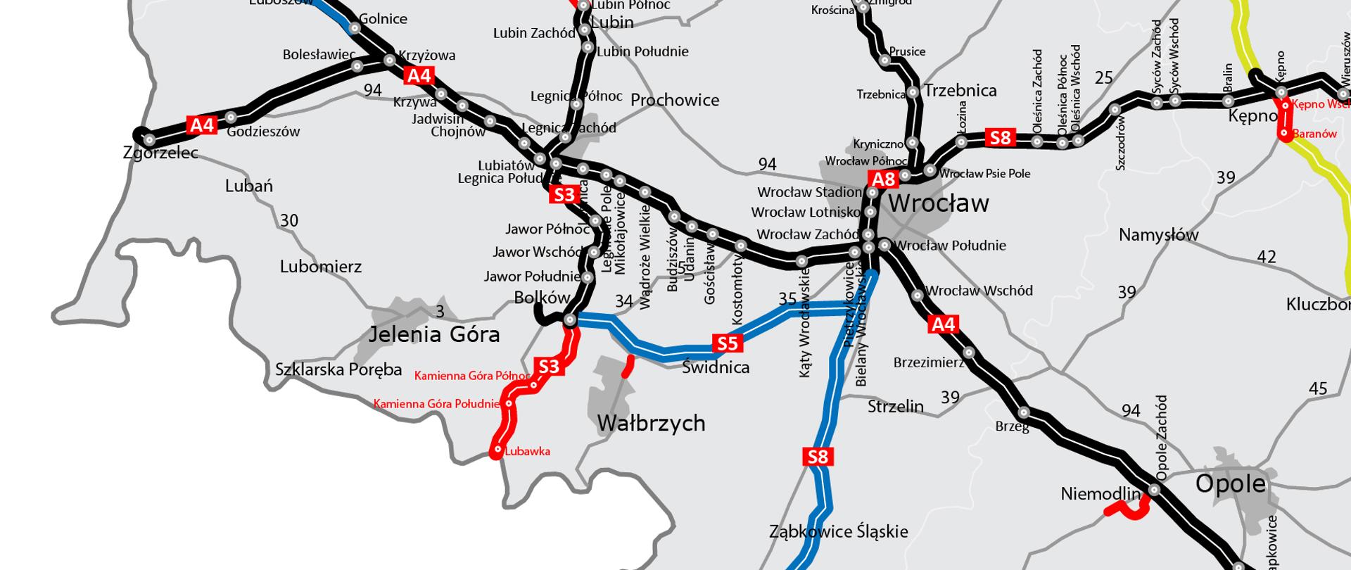 Mapa przedstawia przebieg autostrad i dróg ekspresowych w woj. dolnośląskim