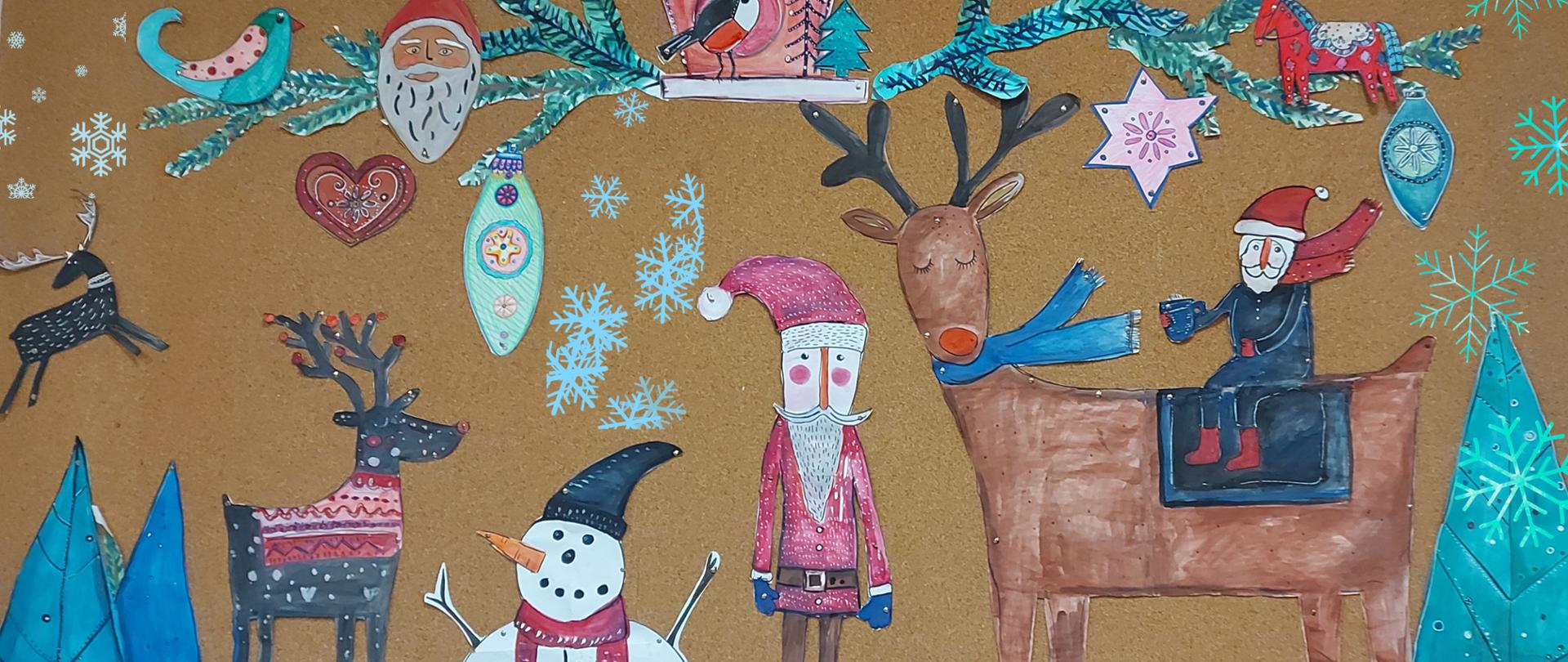 Baner świąteczny z rysunkiem dziecięcym przedstawiającym różne sylwetki Mikołajów, reniferów, choinek, ptaszków, bałwanka, wielokolorowy