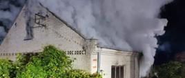 Widok na budynek mieszkalny murowany z białej cegły i unoszący sie biały dym całą powierzchnią dachu, zdjęcie robione w nocy, wokół domu zarośla.