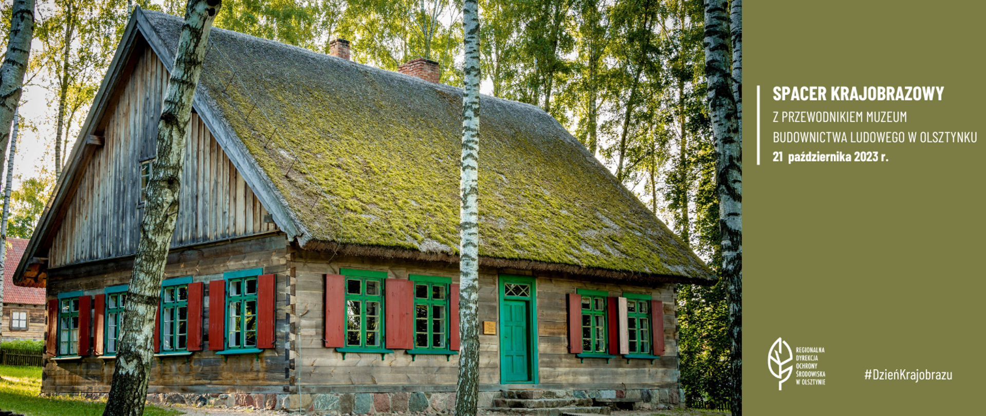 Budynek szkoły pomiędzy sosnami ze wsi Pawłowo. 