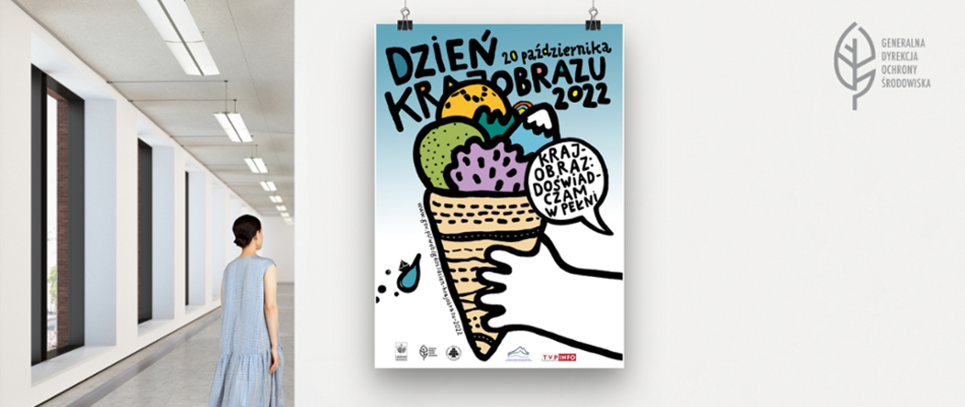 Grafika przedstawiająca plakat, na którym widać rożek z lodami, gdzie gałki symbolizują elementy krajobrazu