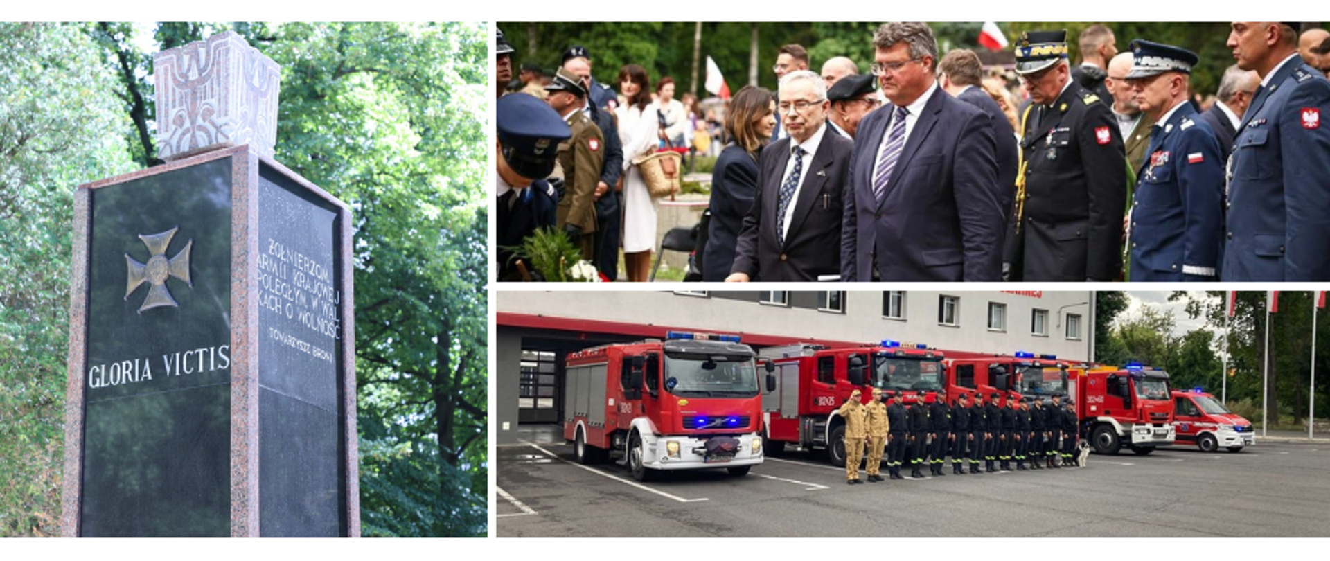 Kolaż 3 zdjęć: pomnik GLORIA VICTIS, delegacja przed pomnikiem składając hołd oraz strażacy przed strażnicą oddając hołd 