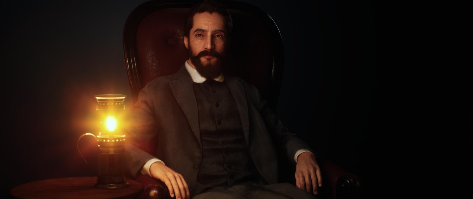 Grafika przedstawiająca brodatego mężczyznę w eleganckim stroju, siedzącego na starym krześle, obok niego na okrągłym stoliku stoi lampa naftowa.