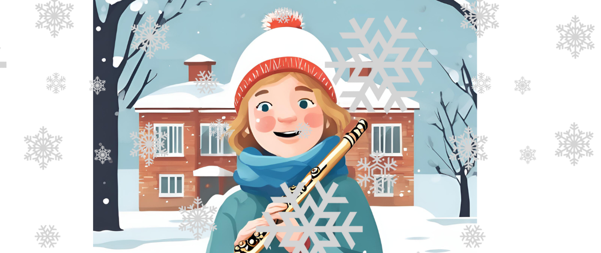 Plakat na białym tle w szare płatki śniegu. Od góry wstawiona jest nazwa szkoły, poniżej napis Koncert Noworoczny w kolorze niebieskim, jeszcze niżej wymienieni są wykonawcy i nauczyciele. Na środku wstawiony jest obrazek przedstawiający dziecko stojące na śniegu w ubraniu zimowym i trzymające flet. W tle widać dom i drzewa. Na dole podane są szczegóły wydarzenia: data, godzina i miejsce. 