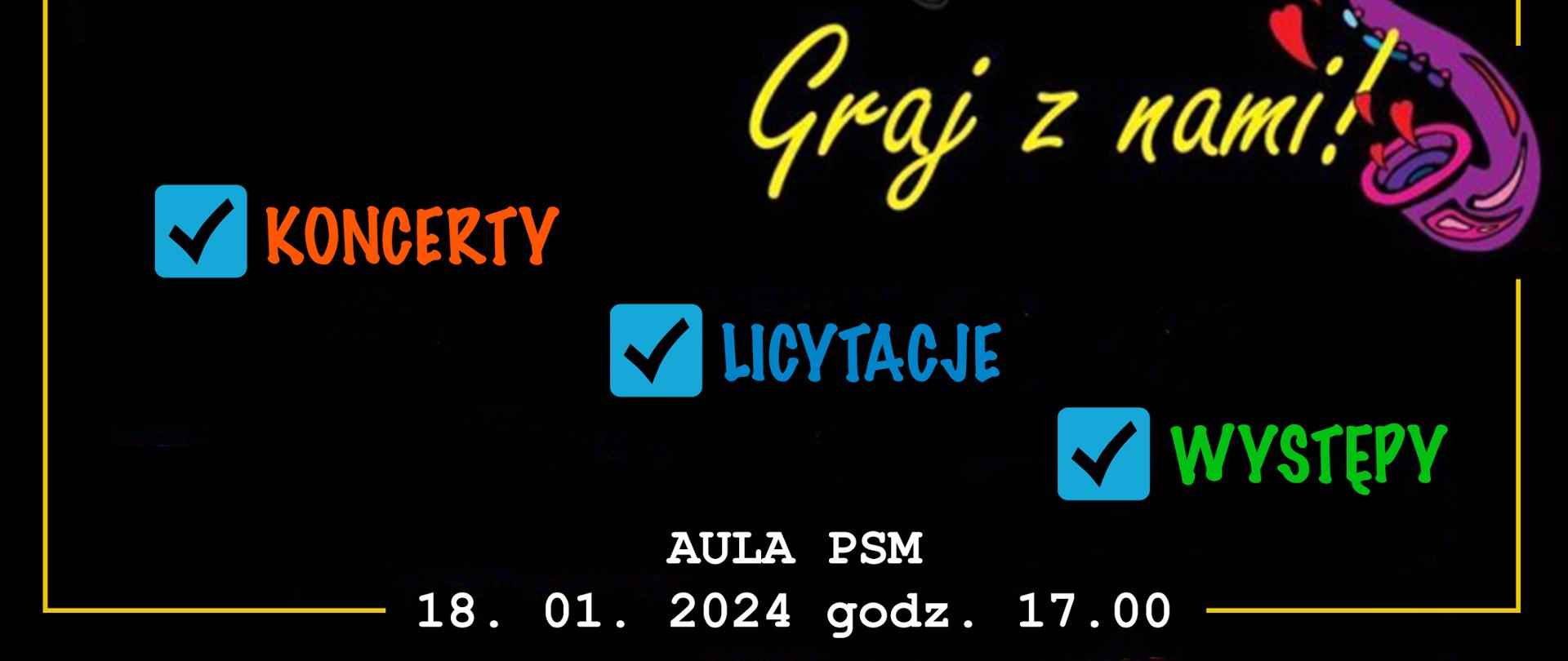 Na czarnym tle charakterystyczna grafika WOŚP, poniżej napisy 2024, 32 finał, sztab Grajewo, Graj z nami, koncerty, licytacje, występy. Na samym dole data, miejsce i godzina, na samej górze logo szkoły. 