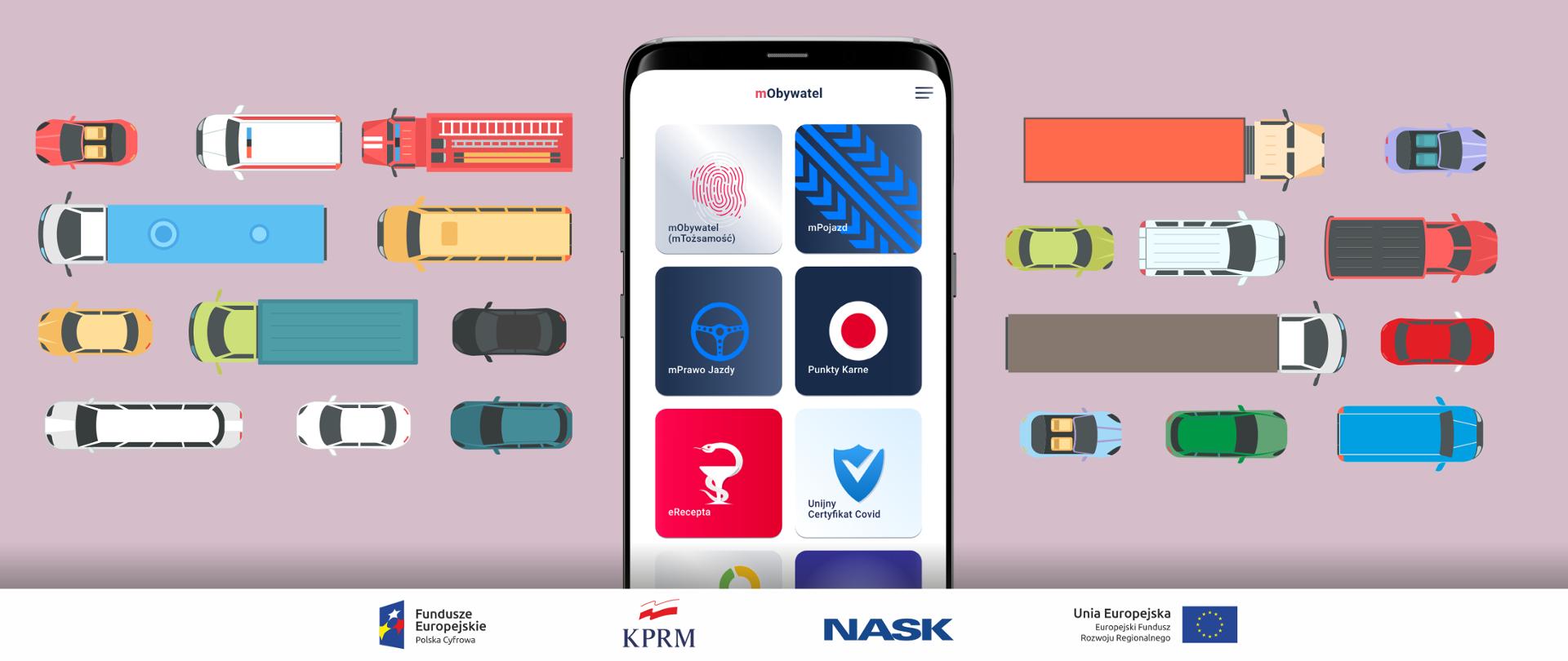 Kolorowa grafika wektorowa - na pierwszym planie ekran smartfona z widoczną uruchomioną aplikacją mObywatel (w tym mPrawem Jazdy). Po bokach kolorowe auta różnego rodzaju.