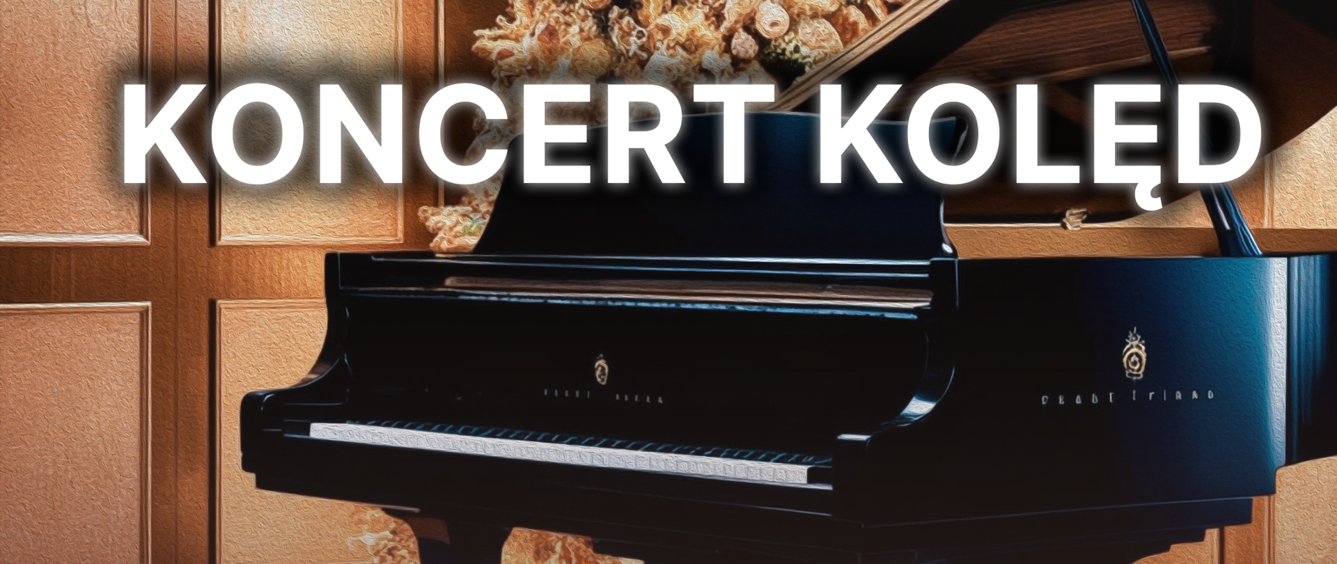 Plakat przedstawia zapowiedź koncertu kolędowego na tle fortepianu oraz choinki widniej napis Państwowa Szkoła Muzyczna I i II stopnia im. Witolda Lutosławskiego w Krasnymstawie zaprasza na koncert kolędę 20 stycznia godzina 16:00