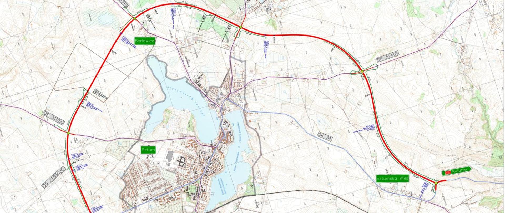 Mapa przedstawiająca przebieg obwodnicy Sztumu