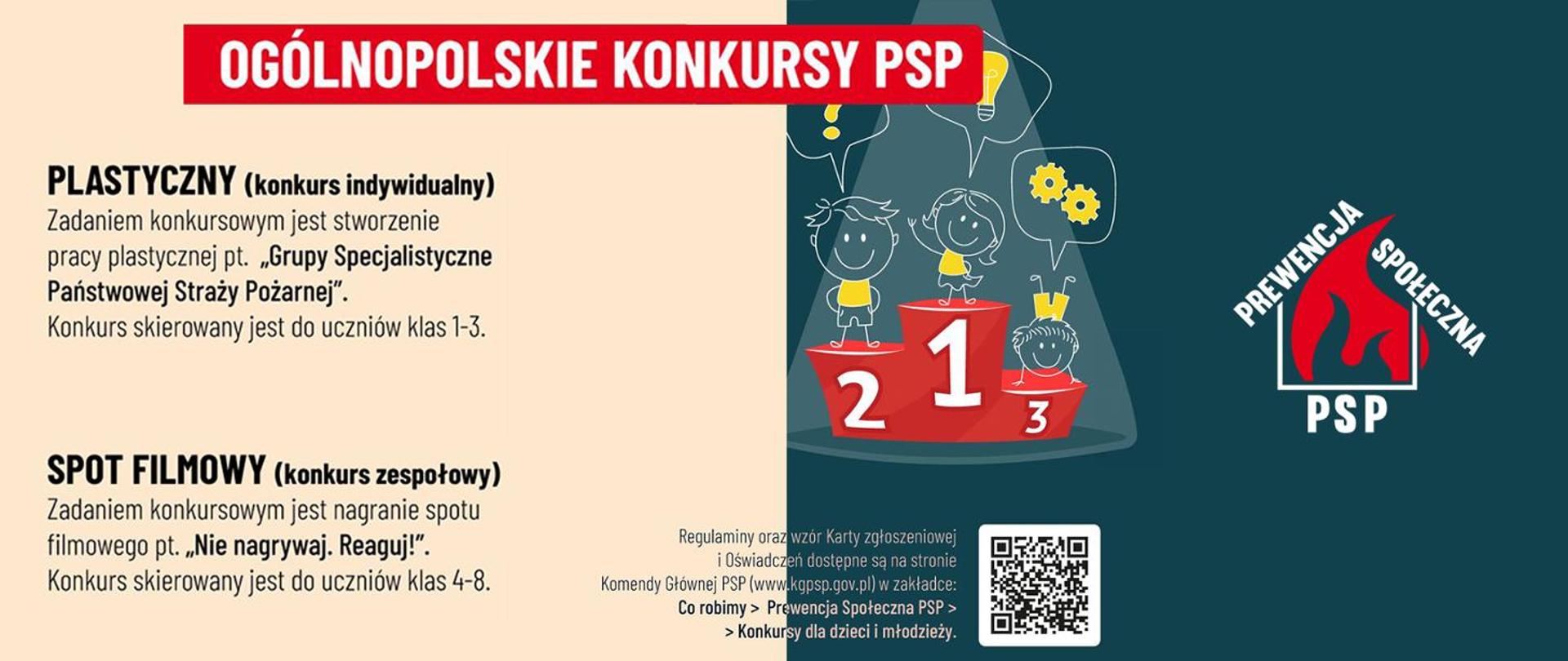 Ogólnopolskie konkursy PSP. Plastyczny - stworzenie pracy plastycznej pt. Grupy Specjalistyczne Państwowej Straży Pożarnej. Spot filmowy - nagranie spotu filmowego pt. Nie nagrywaj. reaguj