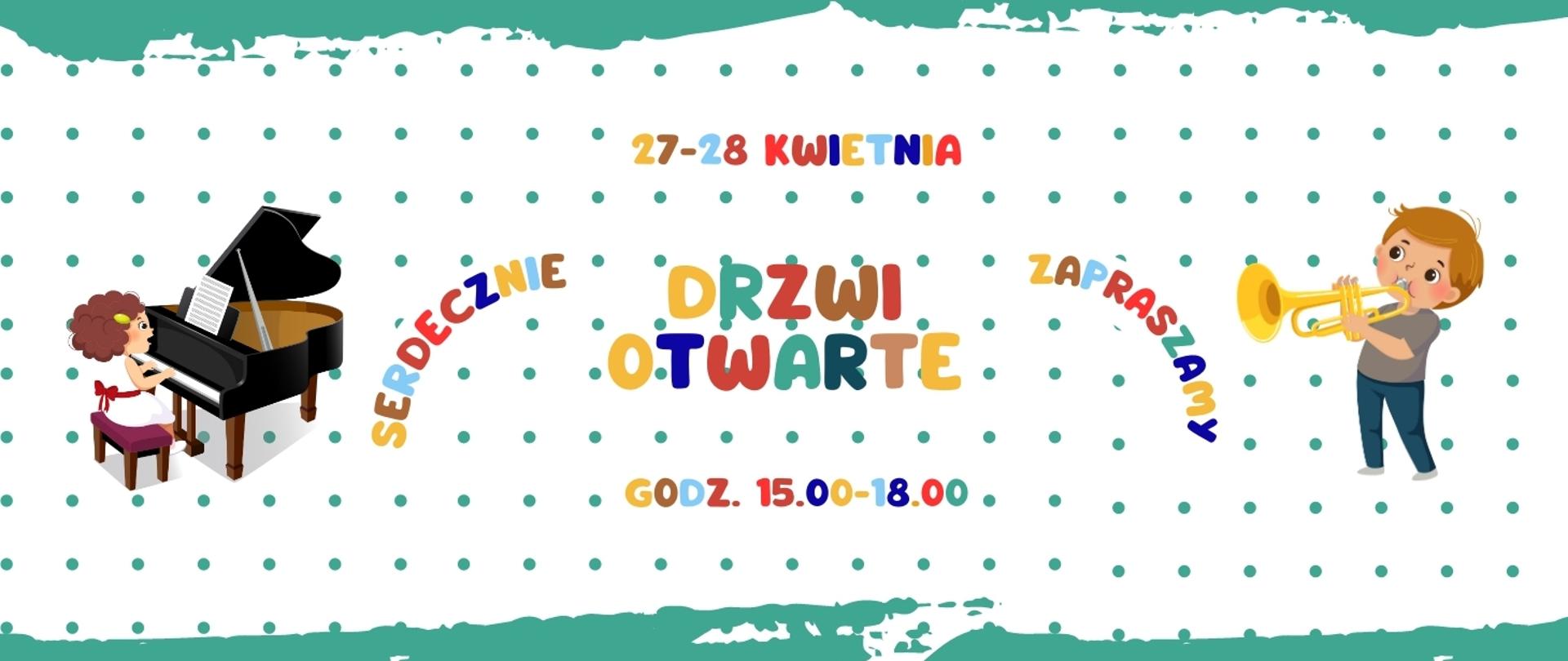 Na białym tle ozdobionym zielonymi plakami wiodczne rysunki fortepianu i trąbki, a także grające na nich dzieci. Podana jest także informacja o organizowanych "drzwiach otwartych" i terminie.