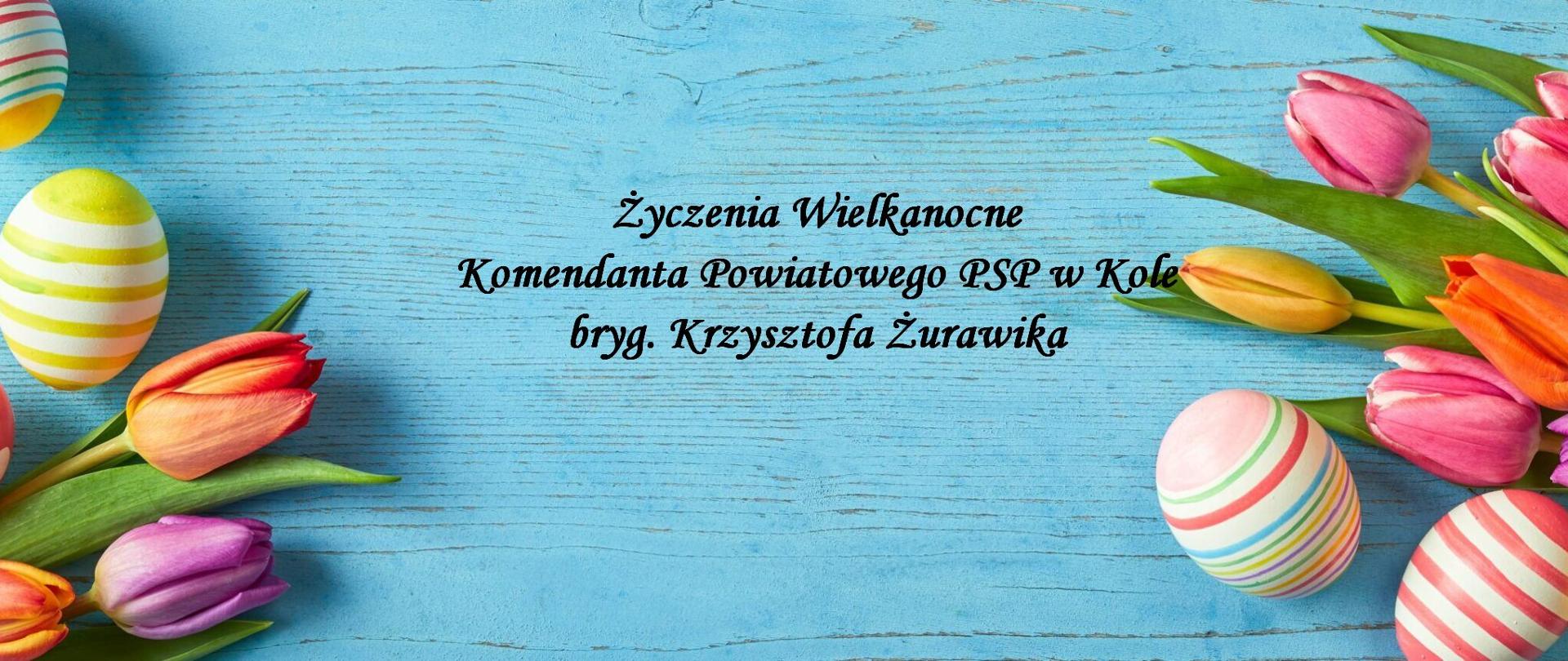 Zdjęcie przedstawia kartę wielkanocną na niebieskim tle.